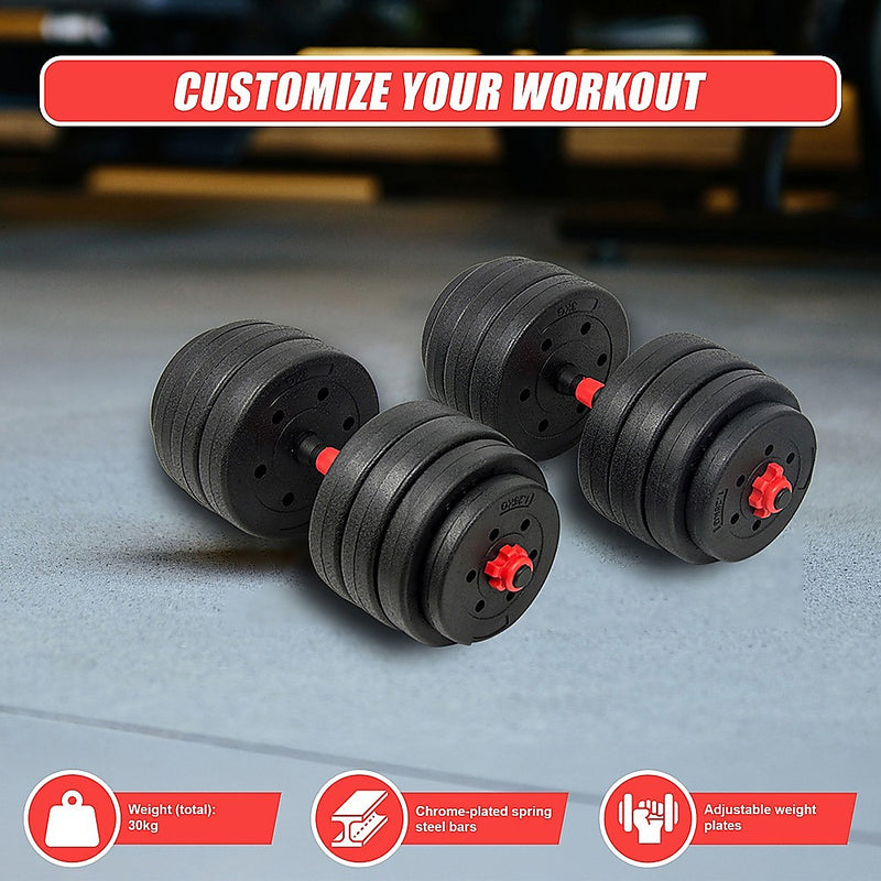 30kg Adjustable Rubber Dumbbell Set Barbell Home GYM Exercise Weights